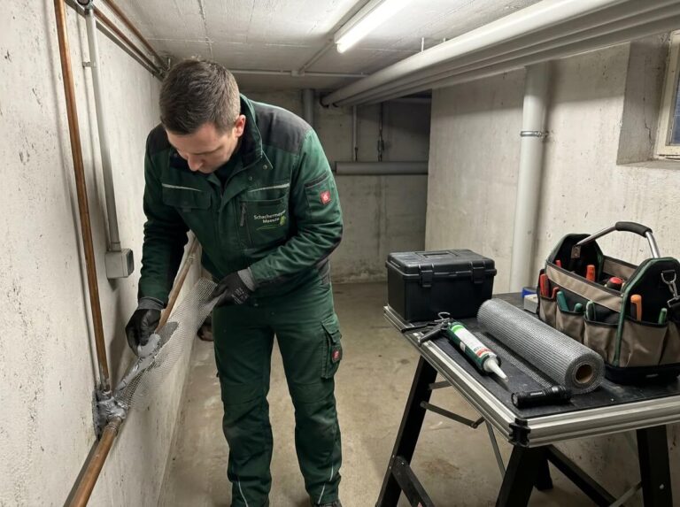 Mitarbeiter von Schachermayer Maeuse sichert einen Leitungszugang im Keller