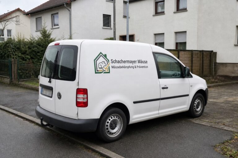 Servicefahrzeug von Schachermayer Mäuse vor einem Wohngebäude